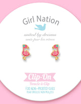 Girl Nation GN-J455s02c Boucles d'oreilles à clip en émail - Flamant rose fantastique - Girl Nation vendu par Veille sur toi