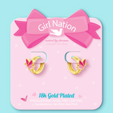 Girl Nation GN-J685E Boucles d'oreilles anneaux plaquées or 18 carats – Papillon rose – Girl Nation vendu par Veille sur toi