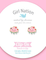 Girl Nation GN-J506s02c Boucles d'oreilles à clip en émail - Nuage rose avec étoiles - Girl Nation vendu par Veille sur toi